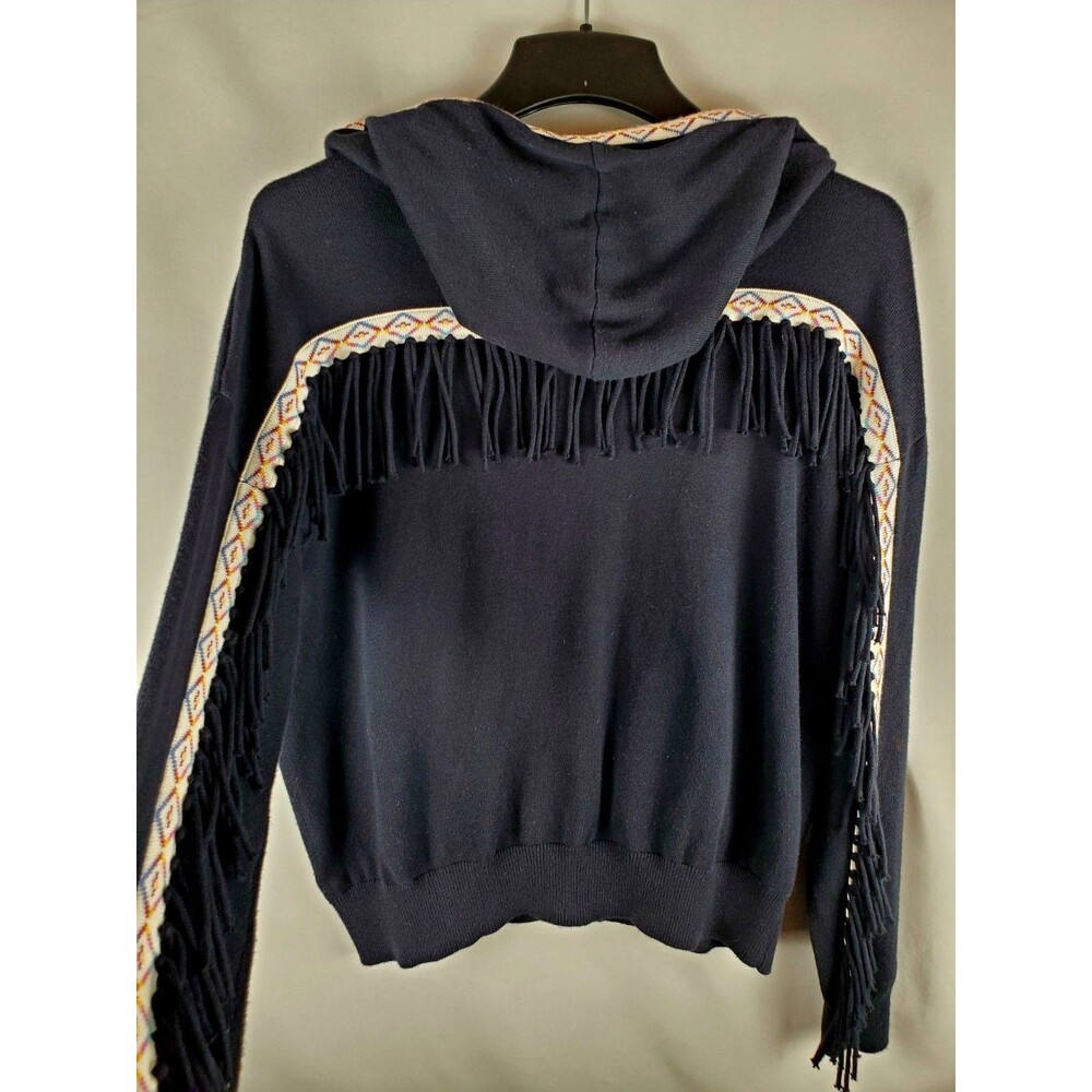 Minnie Rose Cotton Cashmere Zip Hoodie Black Sz S Colorful Aztec Fringe Boho